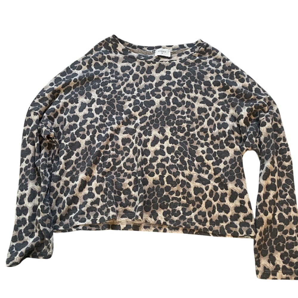 Everly Leopard Print Waffle Knit Thermal Top Small Tan Black Animal Print TP1165